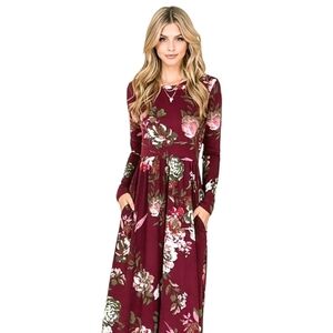 Honeyme Floral Long Sleeve Dress - Burgundy and Pink